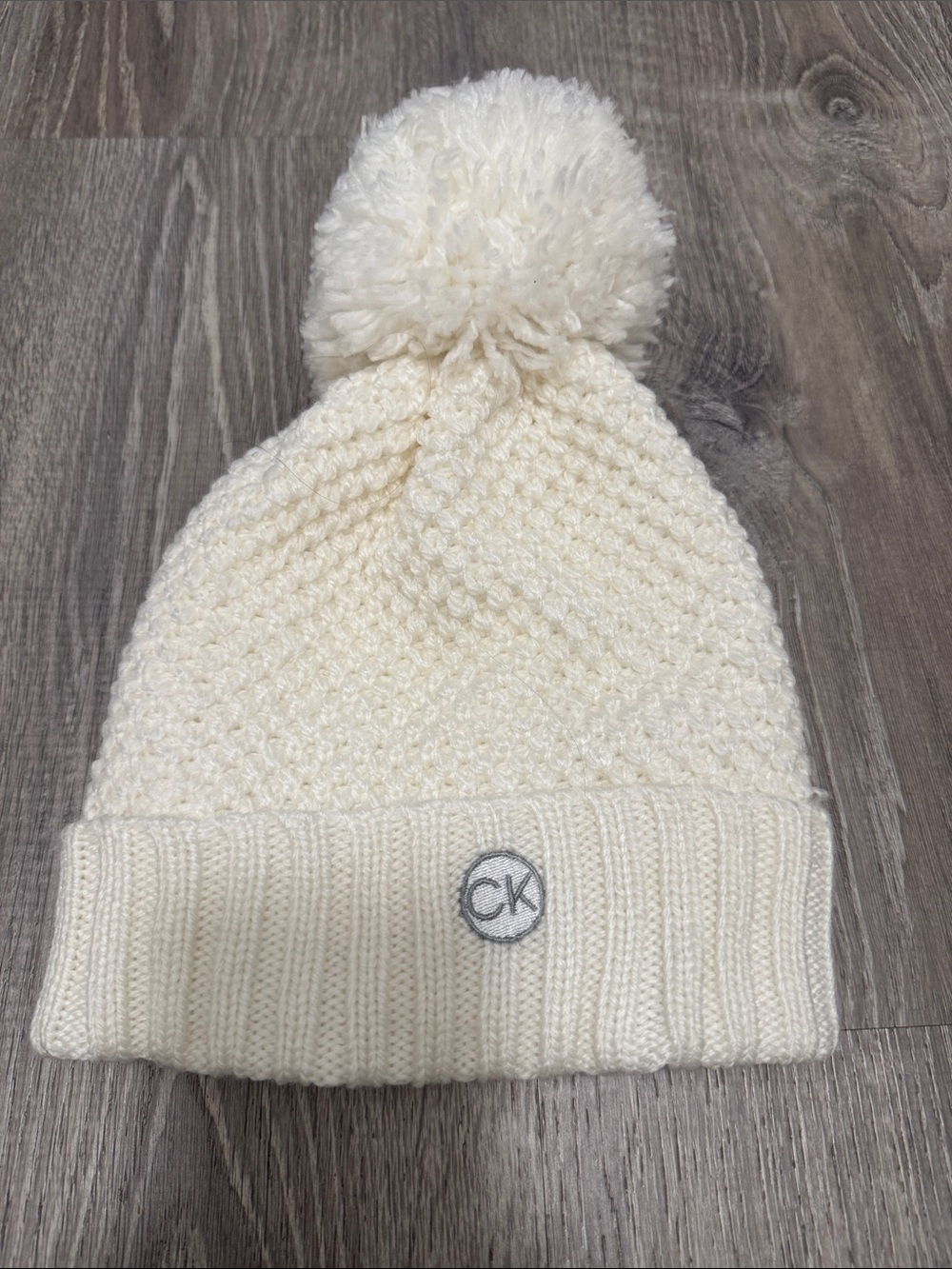 Calvin Klein Cream Knit Pom Beanie with CK Patch
